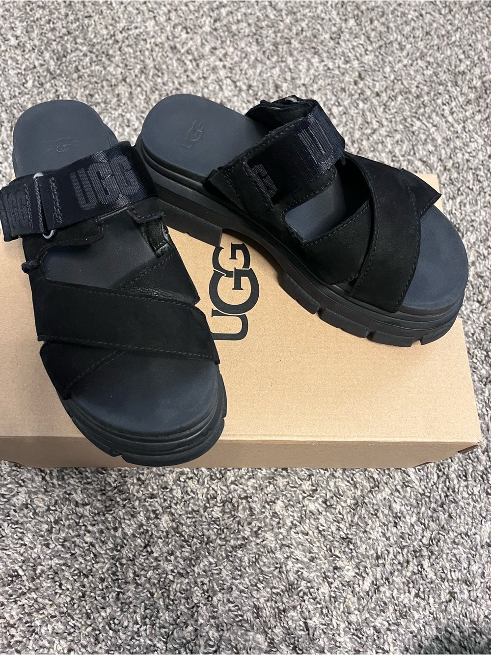 UGG Black Suede Crisscross Platform Slides Sandals